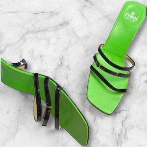 AUTH FENDI VINTAGE RARE STRAPY KITTEN HEEL 8 GREEN BLACK MULE LOGO SANDAL Y2K